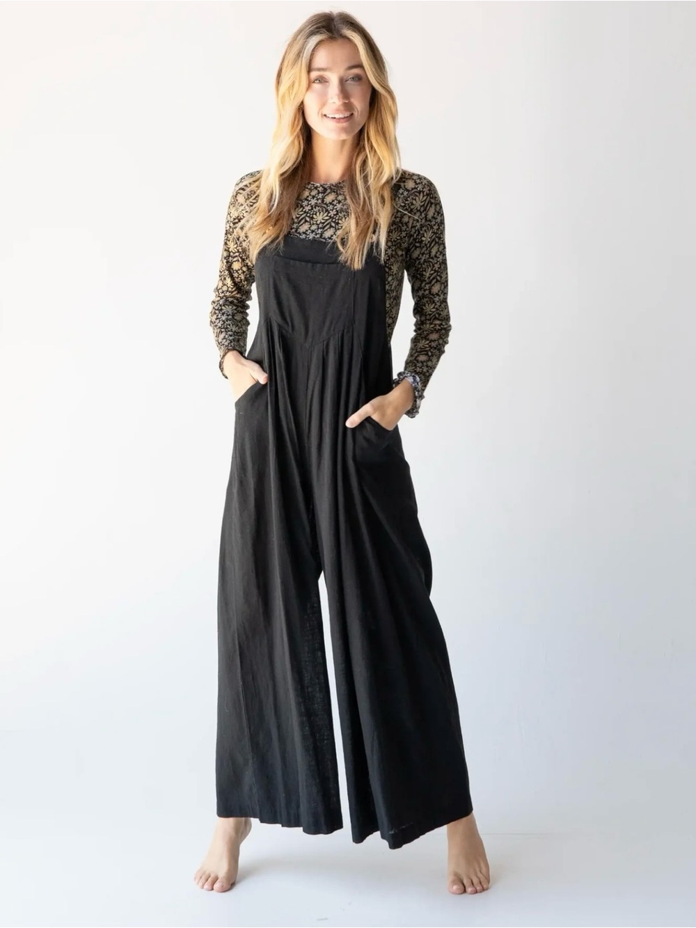 NATURAL LIFE Black Wide-Leg Overalls Jumpsuit